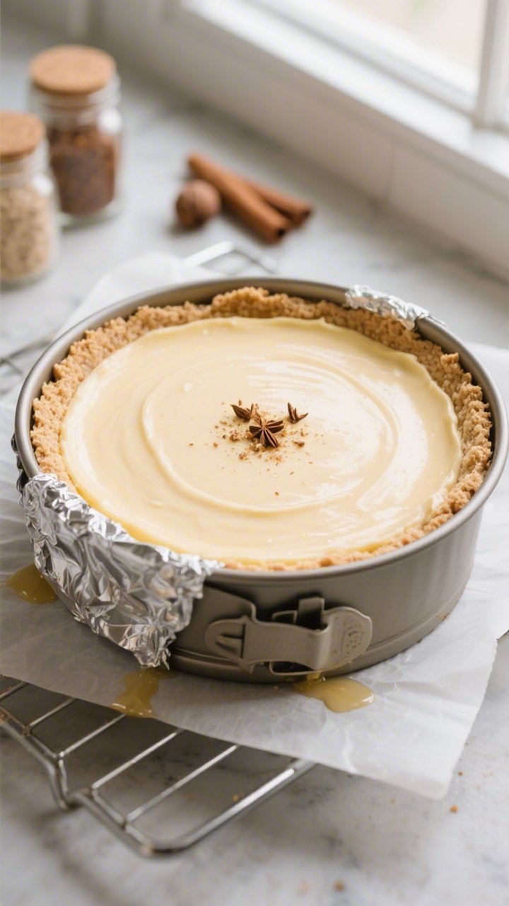 Overhead shot of a freshly baked Keto Eggnog Cheesecake still in the 9-inch springform pan, edges se