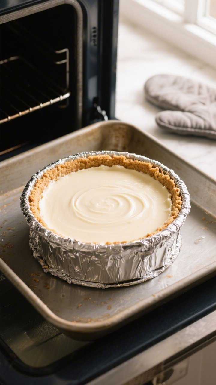 Overhead shot of a freshly baked Keto Million Dollar Cheesecake still in the foil-wrapped 9-inch spr
