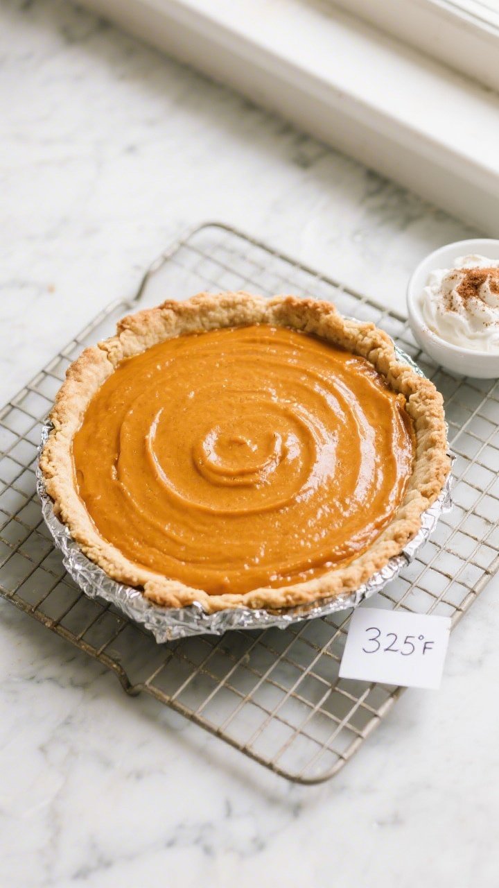 Overhead shot of a freshly baked keto pumpkin pie in an almond flour crust cooling on a wire rack, e