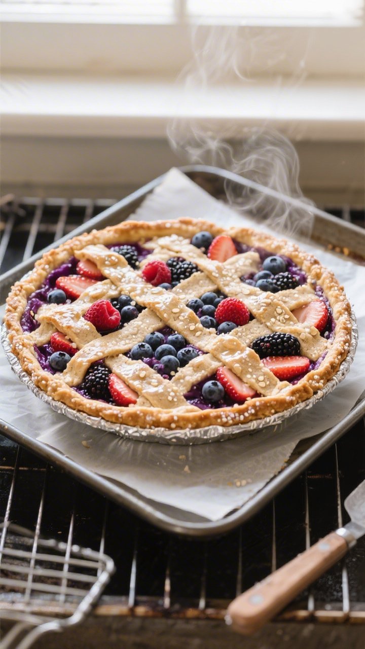 Overhead shot of a freshly baked Mixed Berry Almond Flour Pie on a foil-lined baking sheet just out 