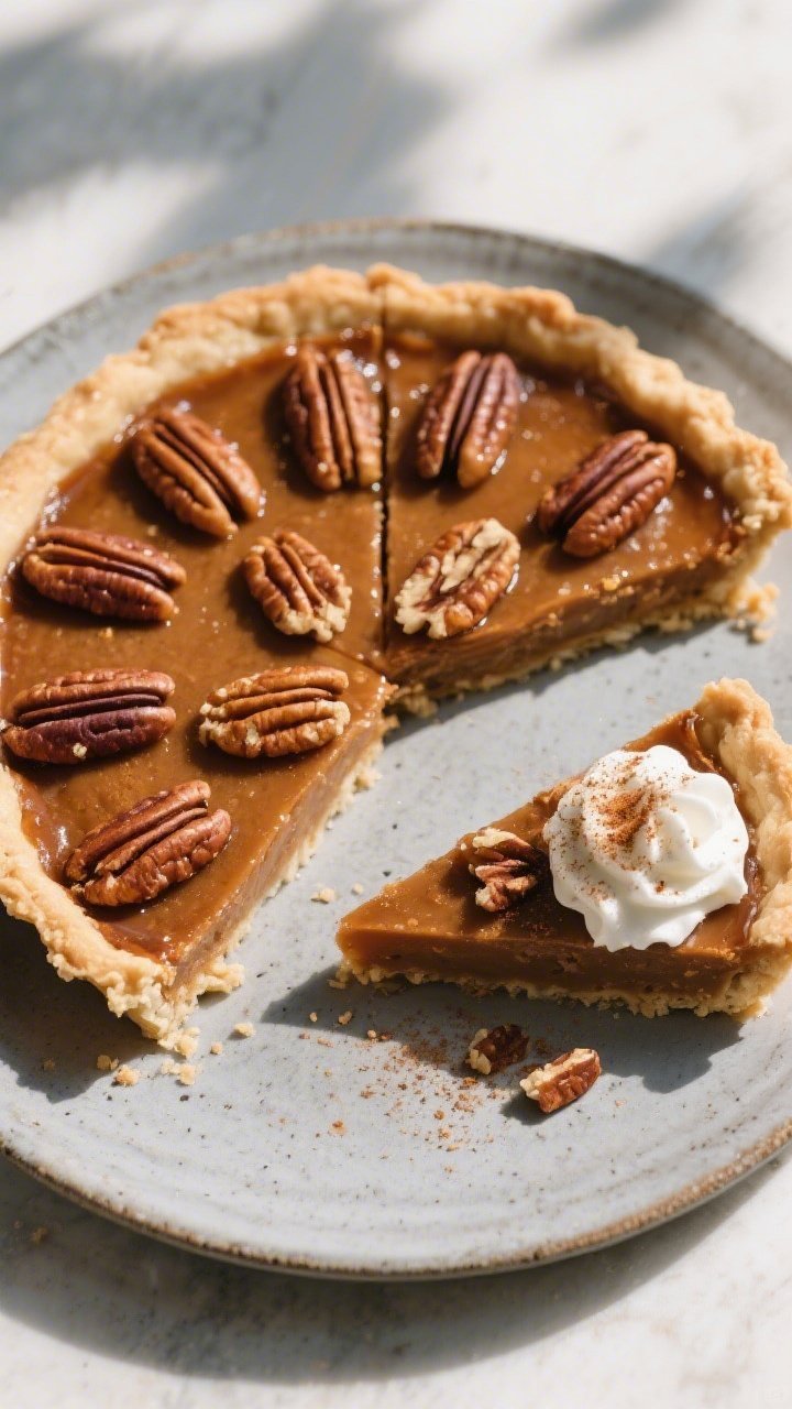 Overhead shot of a fully set keto pecan pie on a matte stoneware plate, pecan halves arranged evenly