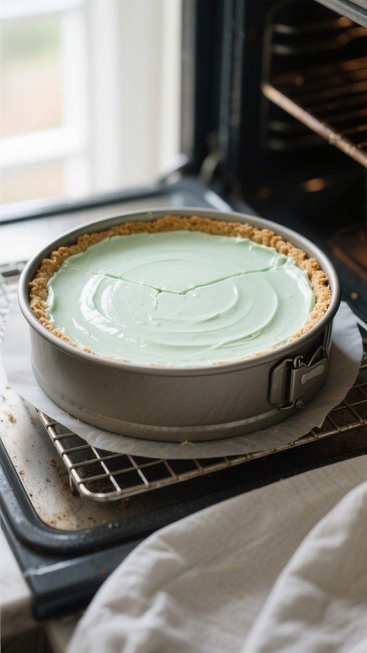 Overhead shot of a just-baked Keto Peppermint Cheesecake in a 9-inch springform pan, edges set with 