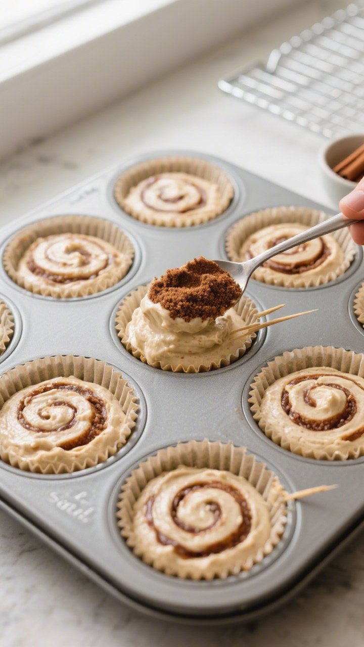 Overhead shot of cinnamon roll protein muffin batter being layered in a 12-cup muffin tin: first sco