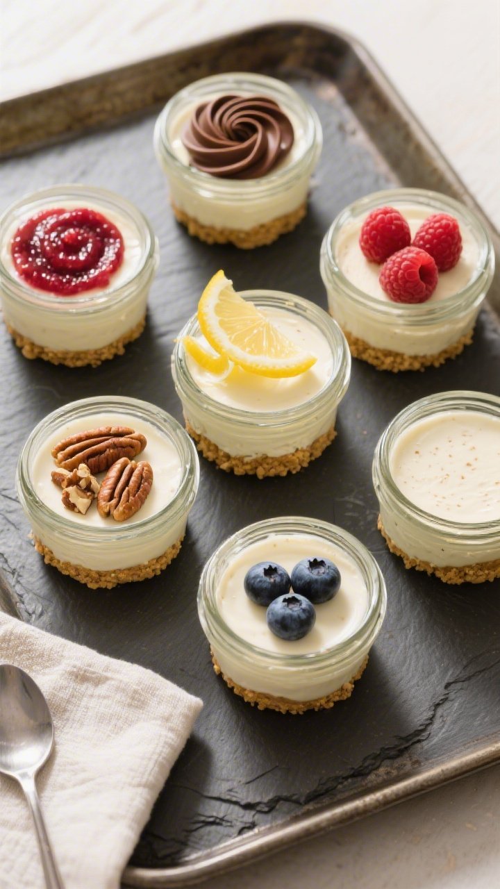 Overhead shot of finished Keto Mason Jar Cheesecakes arranged on a slate tray: 6 small 4–6 oz glas
