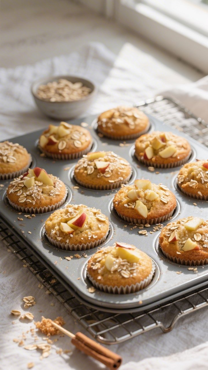 Overhead shot of freshly baked apple cinnamon protein muffins cooling in a 12-cup muffin tin on a wi