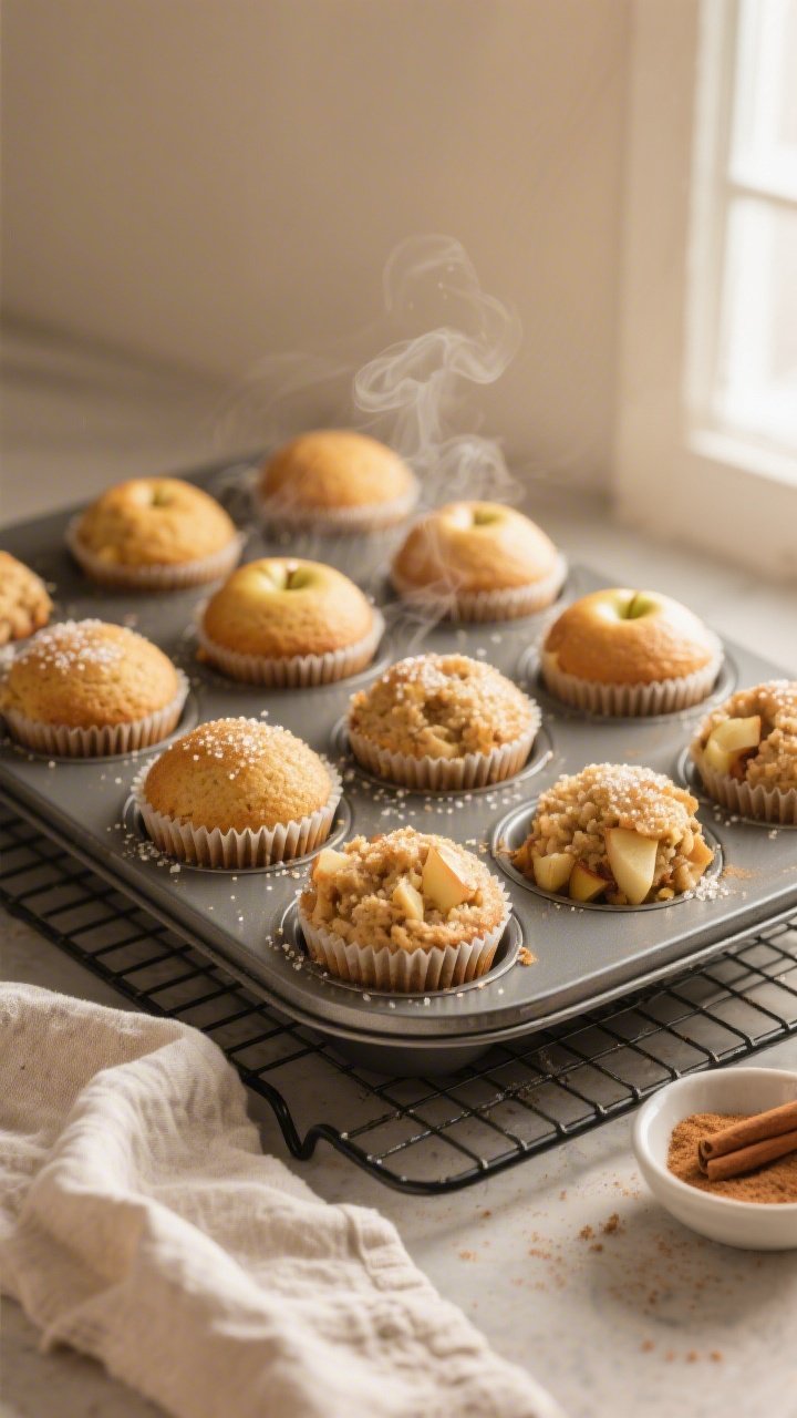 Overhead shot of freshly baked apple protein muffins cooling in a 12-cup muffin tin on a wire rack, 