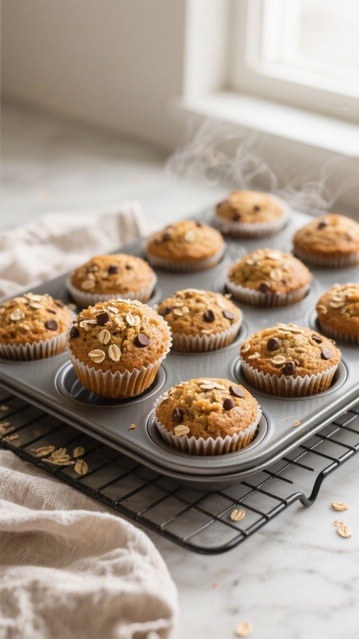 Overhead shot of freshly baked banana bread protein muffins cooling in a 12-cup muffin tin on a wire