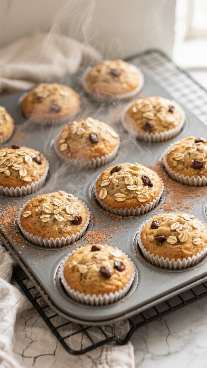 Overhead shot of freshly baked banana oat protein muffins cooling in a 12-cup tin just out of the ov