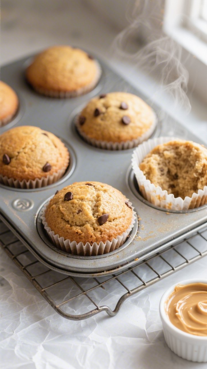 Overhead shot of freshly baked banana protein muffins cooling in the tin and on a wire rack, golden 