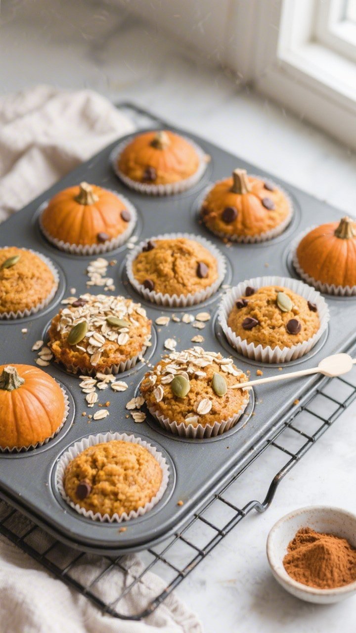Overhead shot of freshly baked banana pumpkin protein muffins cooling in a 12-cup muffin tin on a wi
