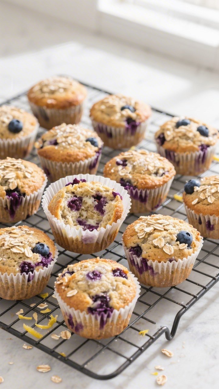 Overhead shot of freshly baked blueberry protein muffins cooling in a 12-cup muffin tin on a wire ra