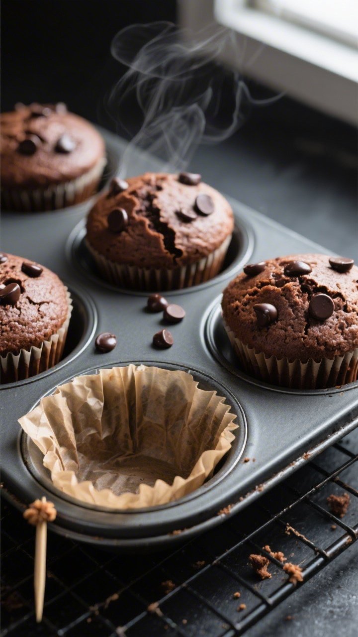 Overhead shot of freshly baked chocolate banana protein muffins still in the muffin tin, tops domed 