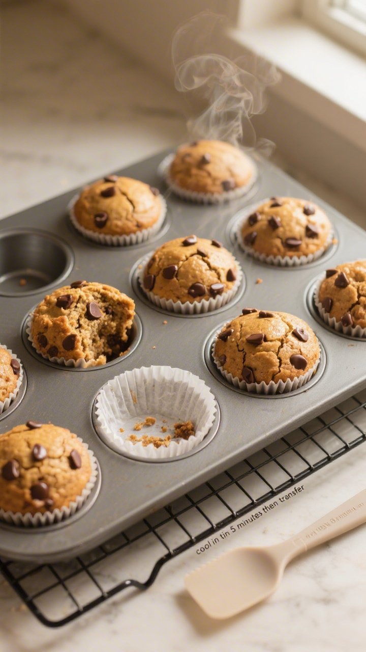 Overhead shot of freshly baked chocolate chip protein muffins cooling in a 12-cup muffin tin on a wi