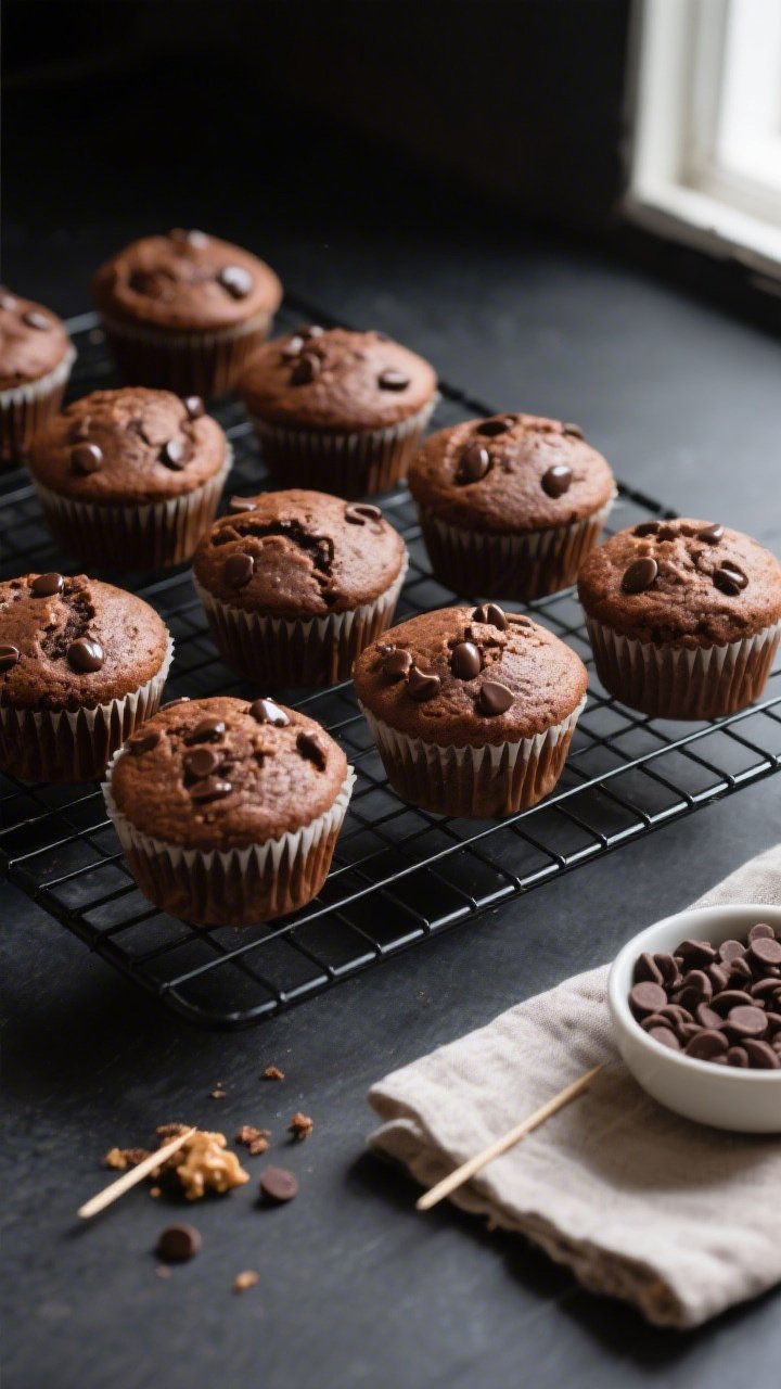 Overhead shot of freshly baked chocolate peanut butter protein muffins cooling in their liners on a 