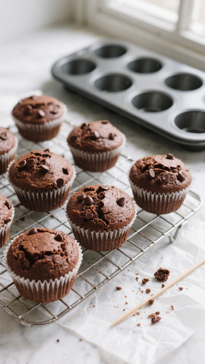 Overhead shot of freshly baked chocolate protein muffins cooling in their paper liners on a wire rac