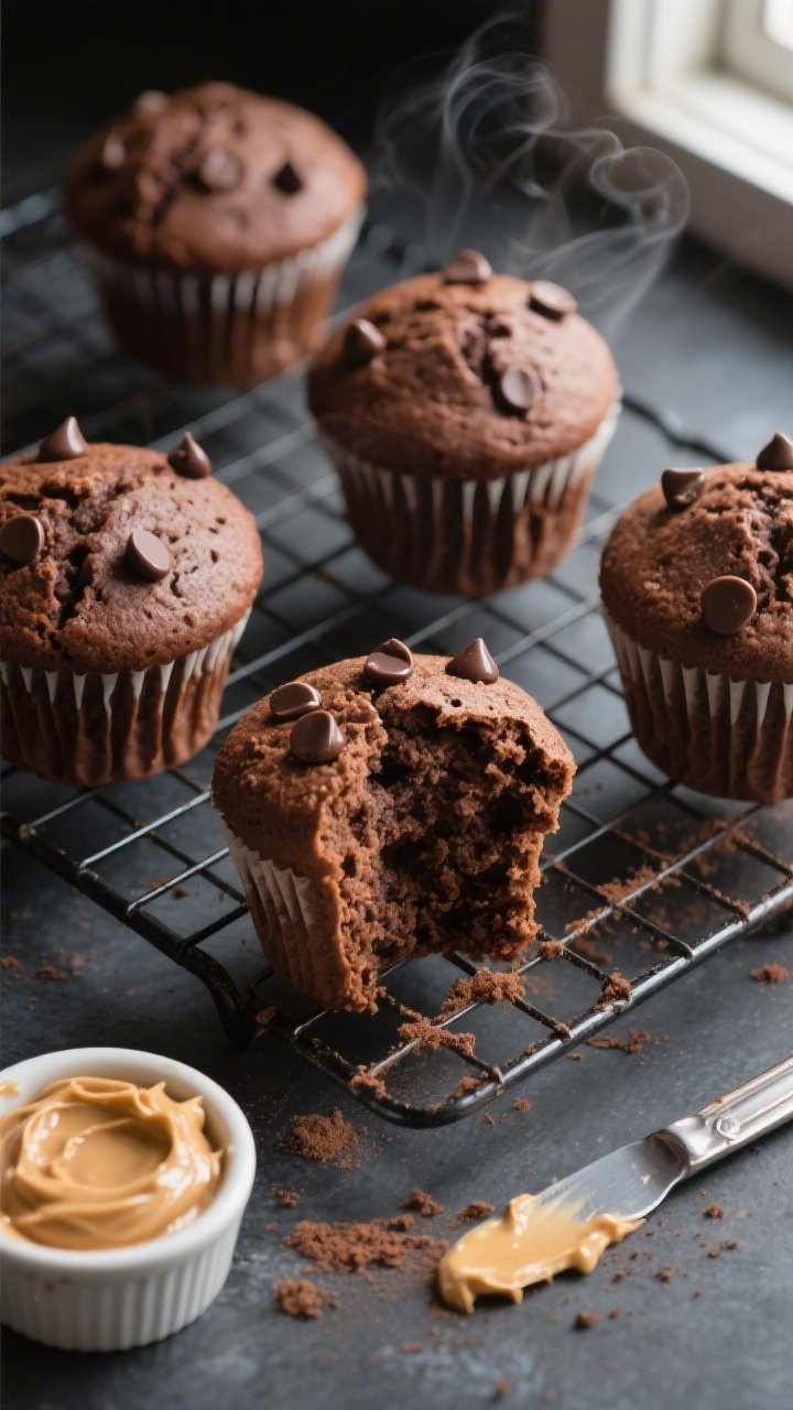 Overhead shot of freshly baked chocolate protein powder muffins cooling on a wire rack, each with ta