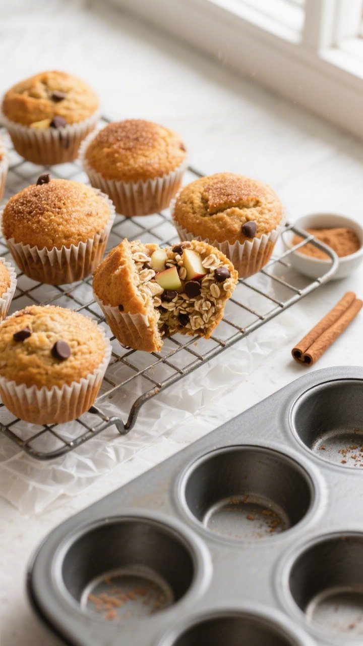 Overhead shot of freshly baked cinnamon protein muffins cooling in a wire rack, golden-brown domed t