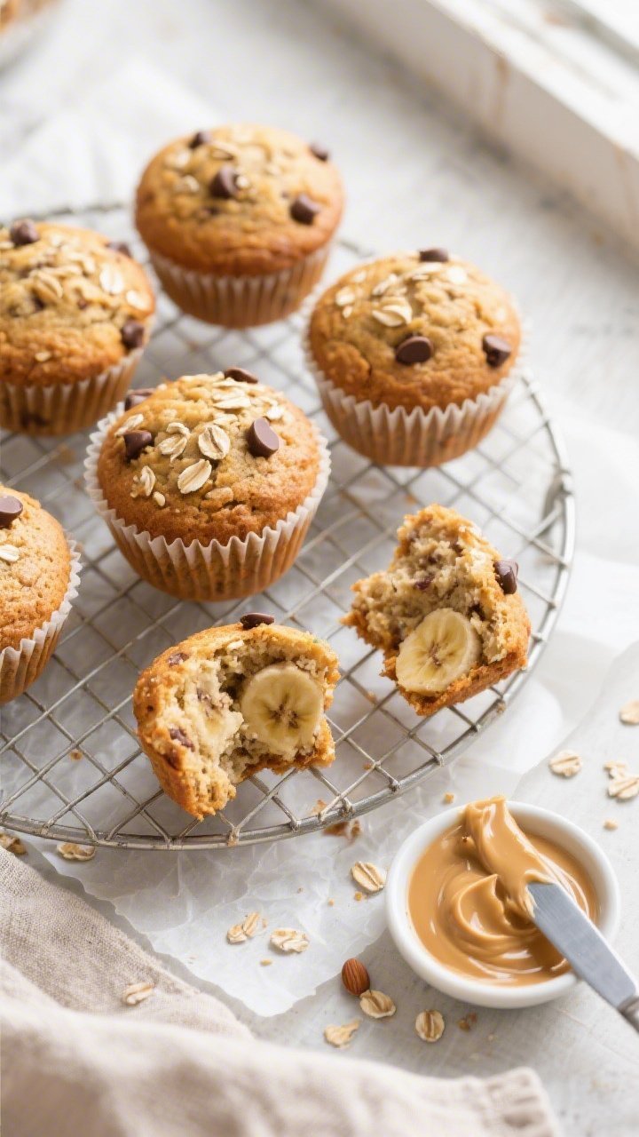 Overhead shot of freshly baked dairy-free protein muffins cooling on a wire rack, golden-brown domed