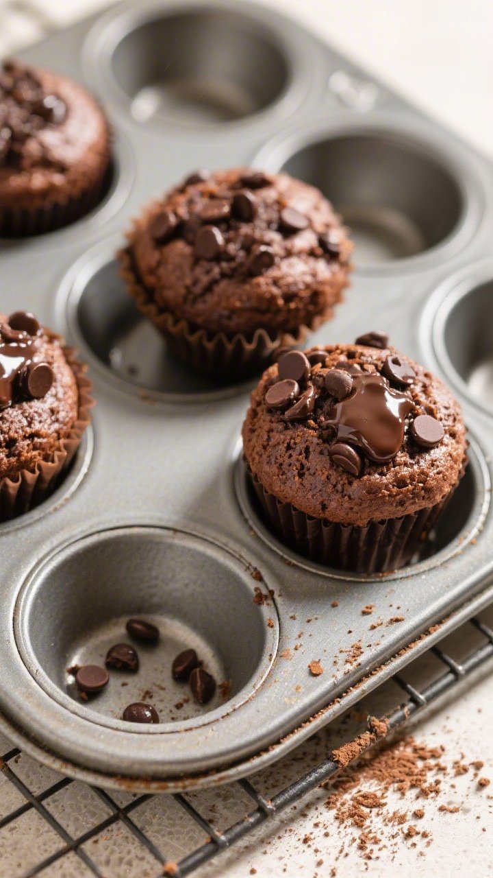 Overhead shot of freshly baked double chocolate protein muffins cooling in a metal muffin tin, each 
