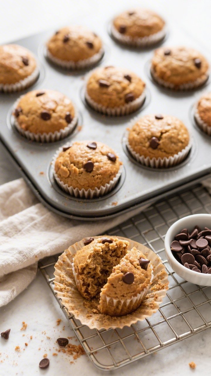 Overhead shot of freshly baked flourless protein muffins cooling in a 12-cup tin, golden-brown domed