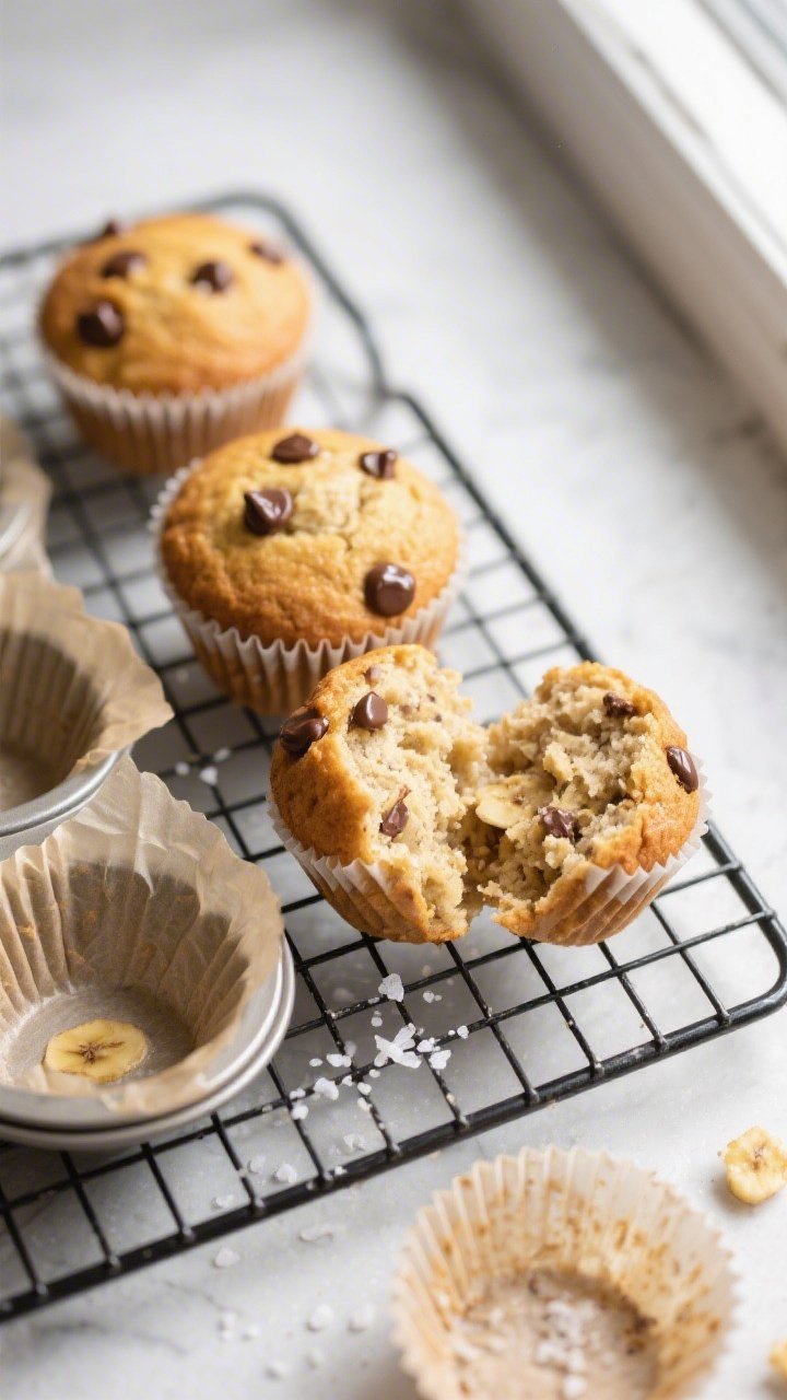 Overhead shot of freshly baked gluten free banana protein muffins cooling on a wire rack, golden-dom