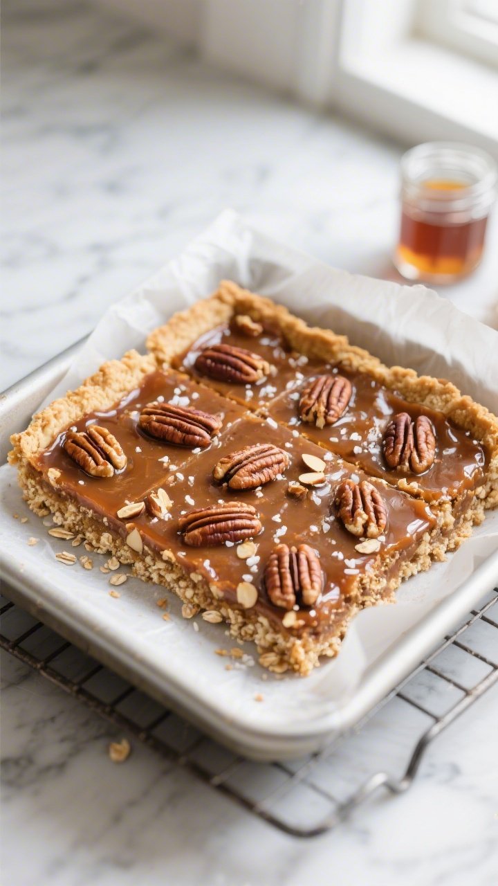 Overhead shot of freshly baked healthy pecan pie bars cooling in the parchment-lined 8-inch square p
