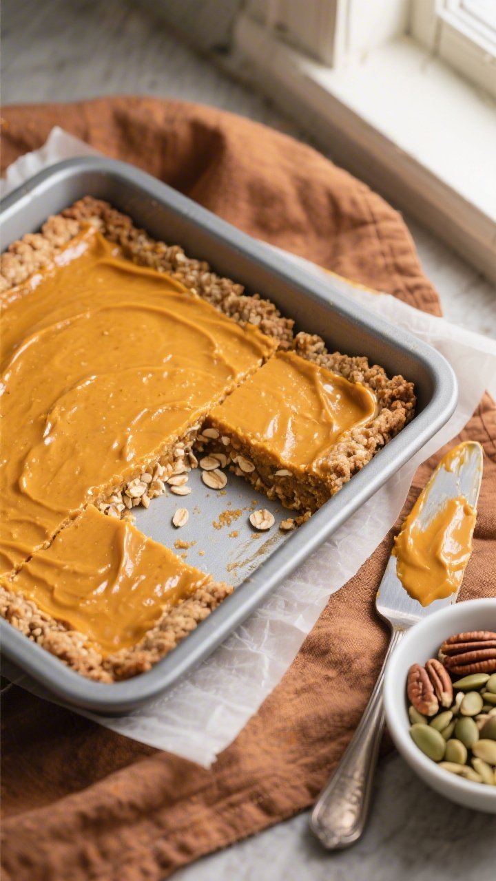 Overhead shot of freshly baked Healthy Pumpkin Pie Bars just cooled in an 8x8 pan, pumpkin filling s