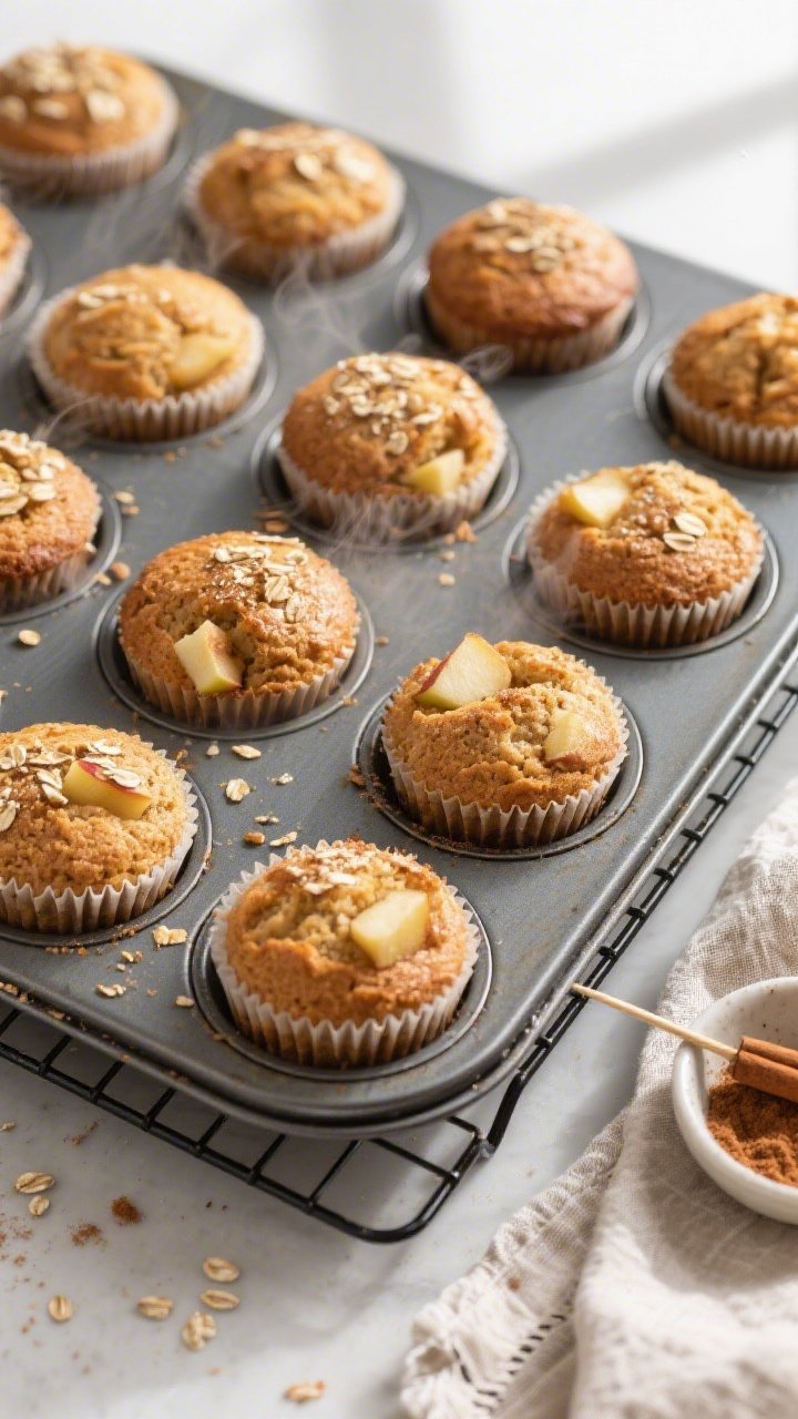 Overhead shot of freshly baked high protein apple muffins cooling in a 12-cup muffin tin on a wire r