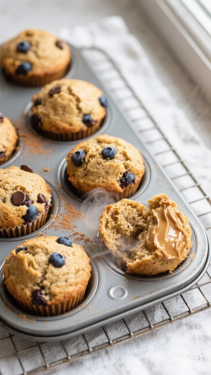 Overhead shot of freshly baked high-protein gluten-free muffins cooling in a metal muffin tin on a w