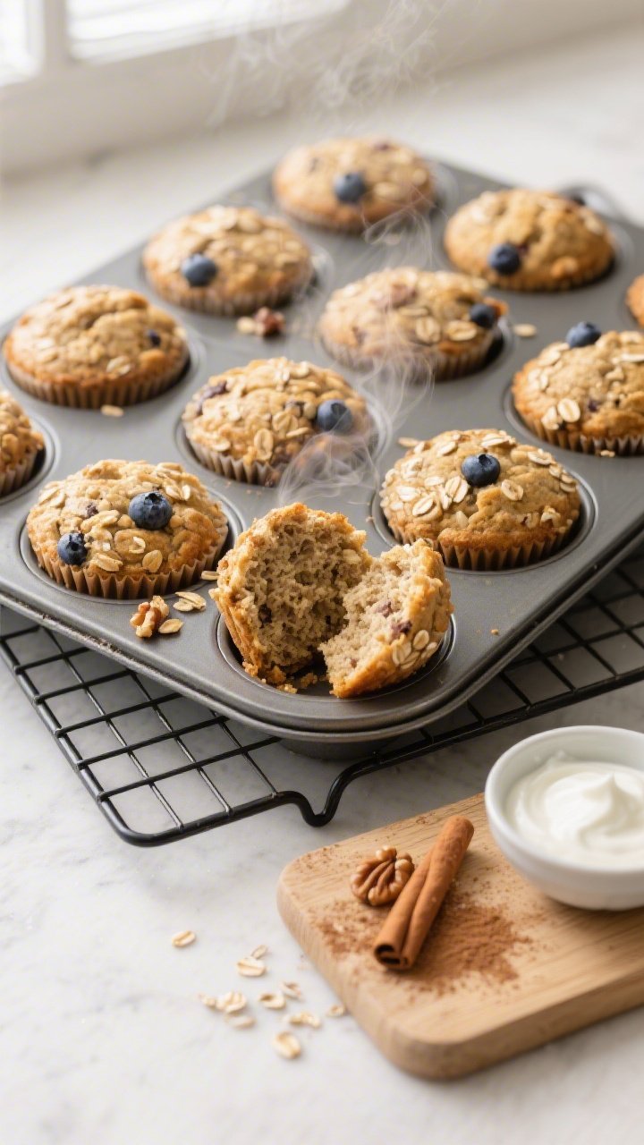Overhead shot of freshly baked high-protein high-fiber muffins cooling in a 12-cup muffin tin on a w