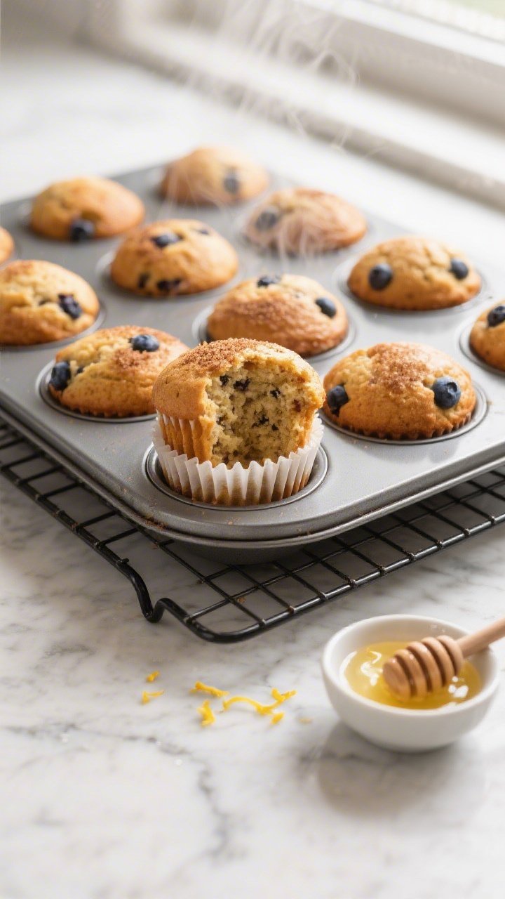 Overhead shot of freshly baked Kodiak protein muffins cooling in a 12-cup tin on a wire rack, golden