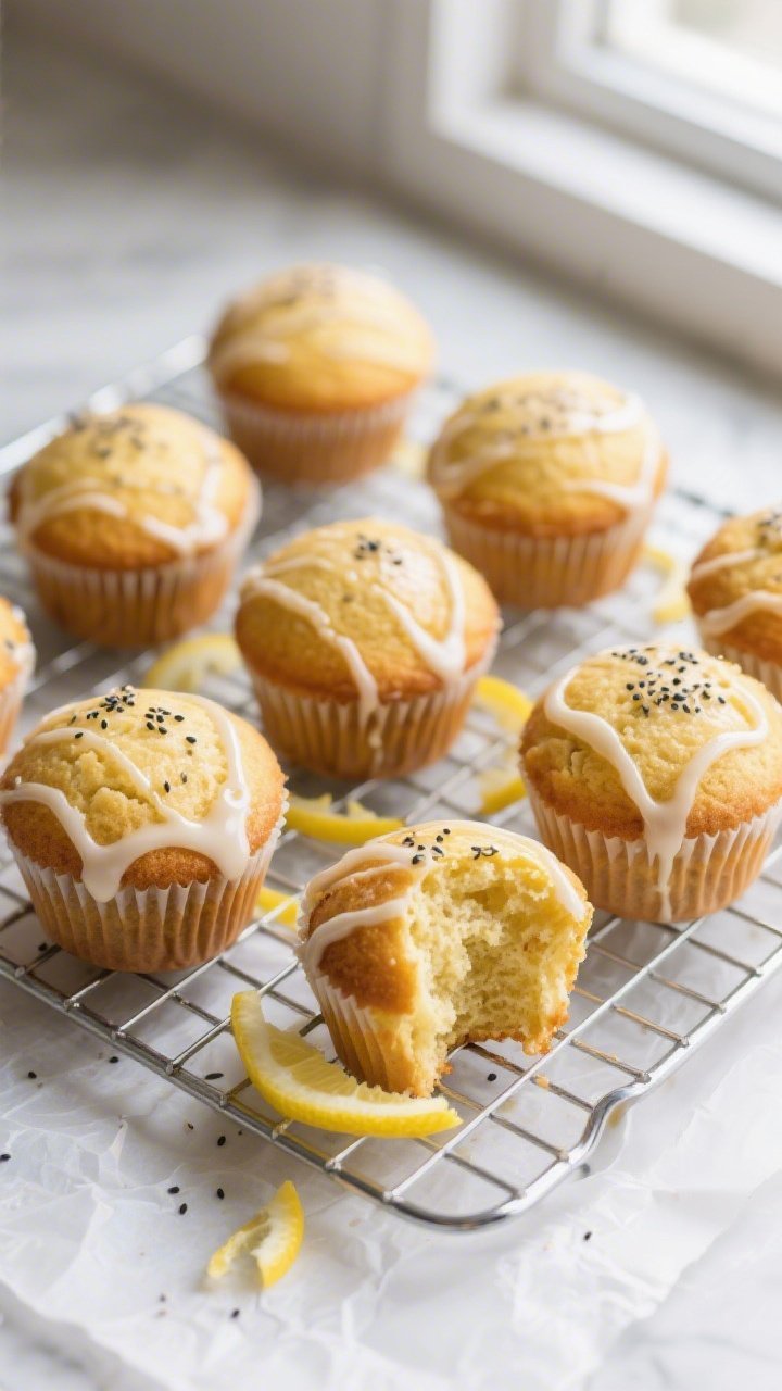 Overhead shot of freshly baked lemon protein muffins cooling on a wire rack, golden domed tops with 