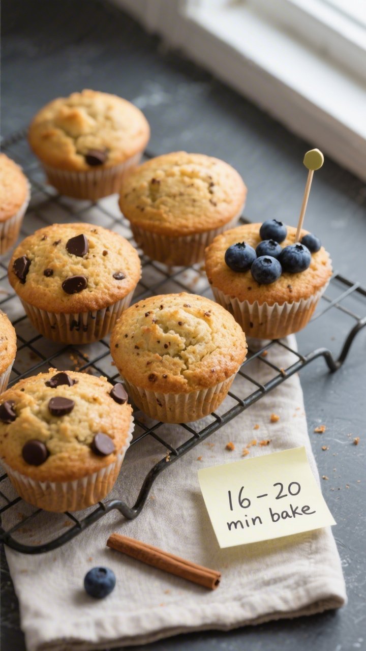 Overhead shot of freshly baked low carb protein muffins cooling on a wire rack, golden tops with a f