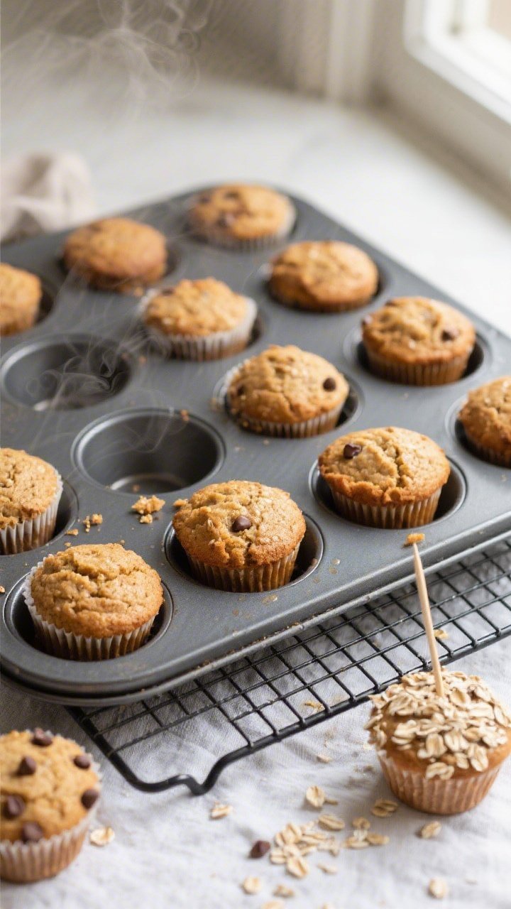 Overhead shot of freshly baked peanut butter protein muffins cooling in a 12-cup muffin pan set on a