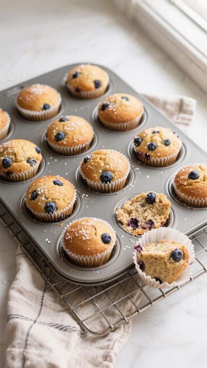 Overhead shot of freshly baked protein powder blueberry muffins cooling in a 12-cup muffin tray on a