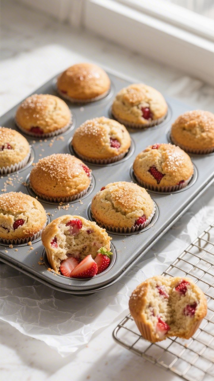 Overhead shot of freshly baked strawberry protein muffins cooling in a 12-cup tin, golden domed tops