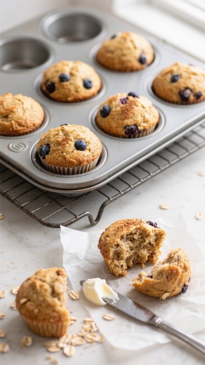 Overhead shot of freshly baked sugar-free protein muffins cooling in a metal muffin tin set on a wir