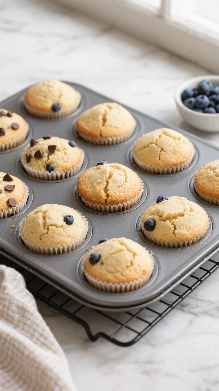 Overhead shot of freshly baked vanilla protein muffins resting in a lined 12-cup muffin tin on a coo