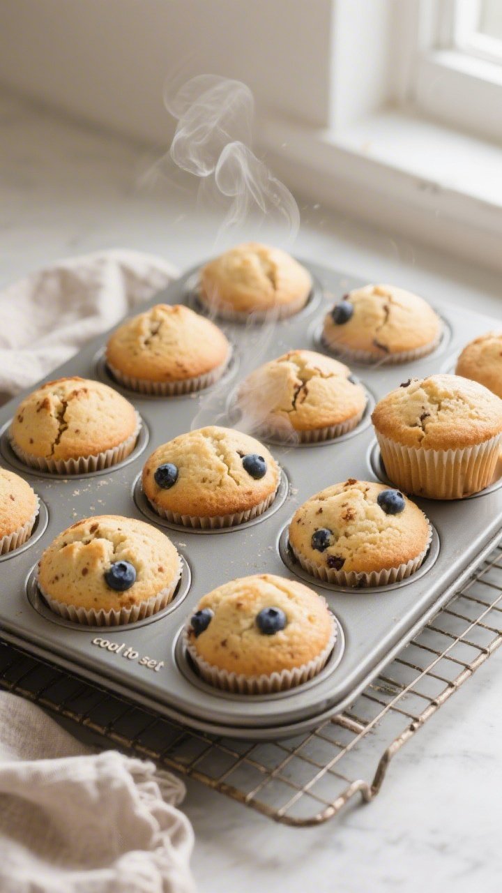 Overhead shot of freshly baked vanilla protein powder muffins cooling in a 12-cup tin, golden domed 