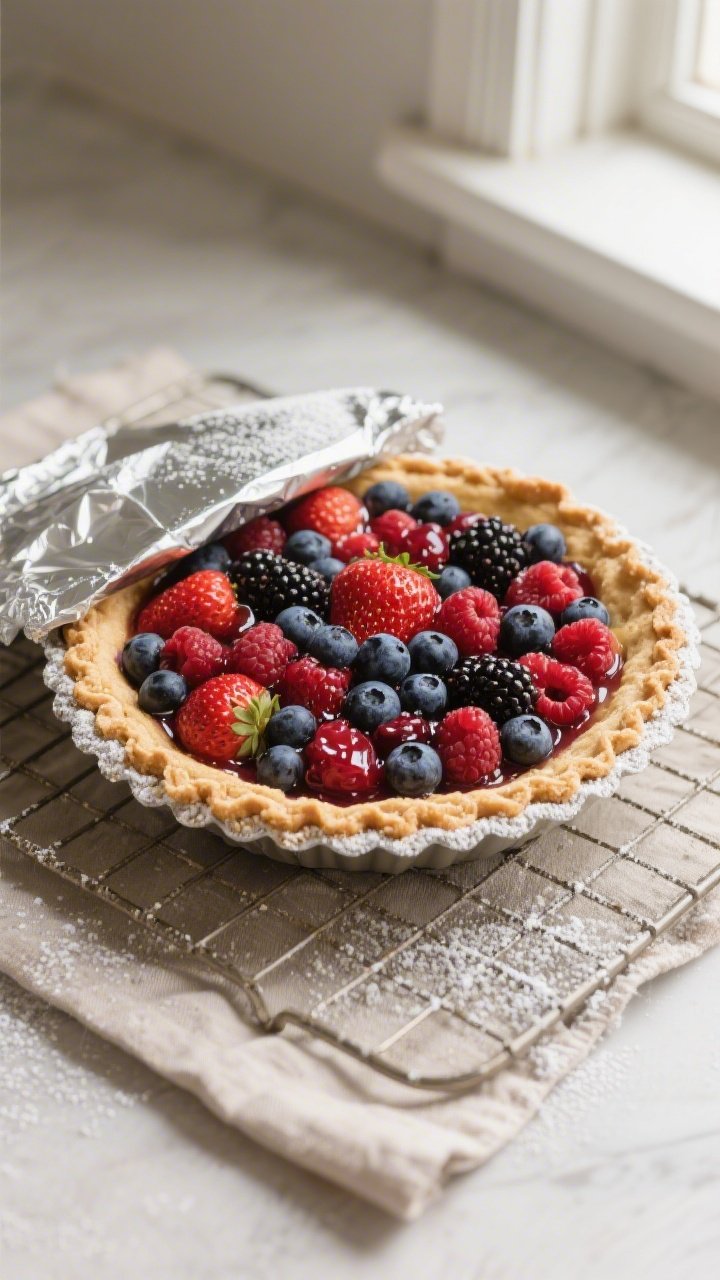 Overhead shot of the baked Almond Flour Berry Tart Pie just out of the oven during the final 5 minut
