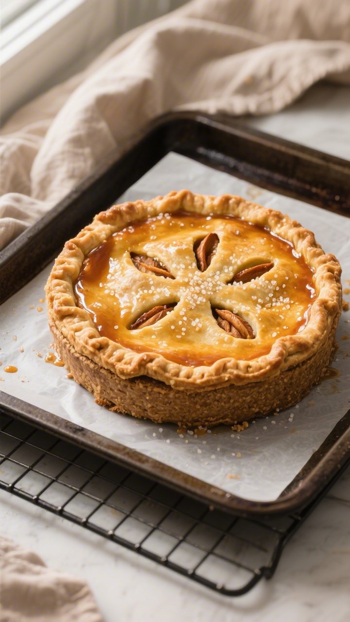 Overhead shot of the baked healthy apple pie just out of the oven, deep golden whole-grain double cr