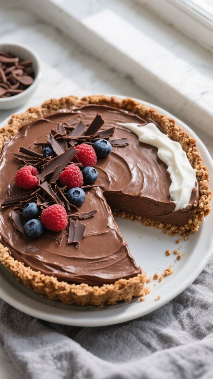 Overhead shot of the finished Healthy Chocolate Cream Pie in a 9-inch pie dish, silky chocolate fill