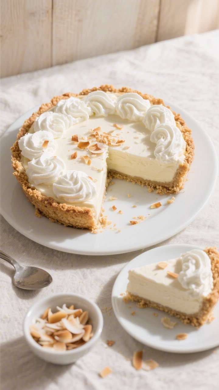 Overhead shot of the finished Keto Coconut Cream Pie on a matte white pie dish: crisp, lightly golde
