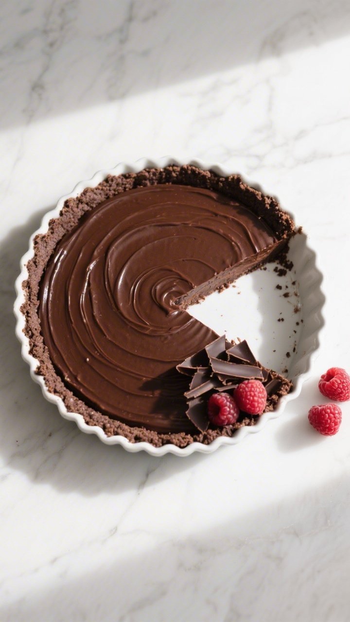Overhead shot of the finished Vegan Protein Chocolate Pie just after setting, in a 9-inch pie dish w