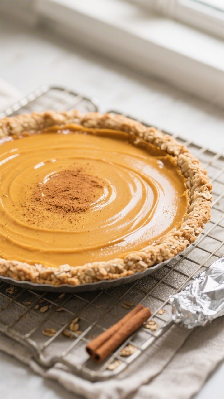 Overhead shot of the freshly baked high-protein pumpkin pie cooling on a rack, custard center just s