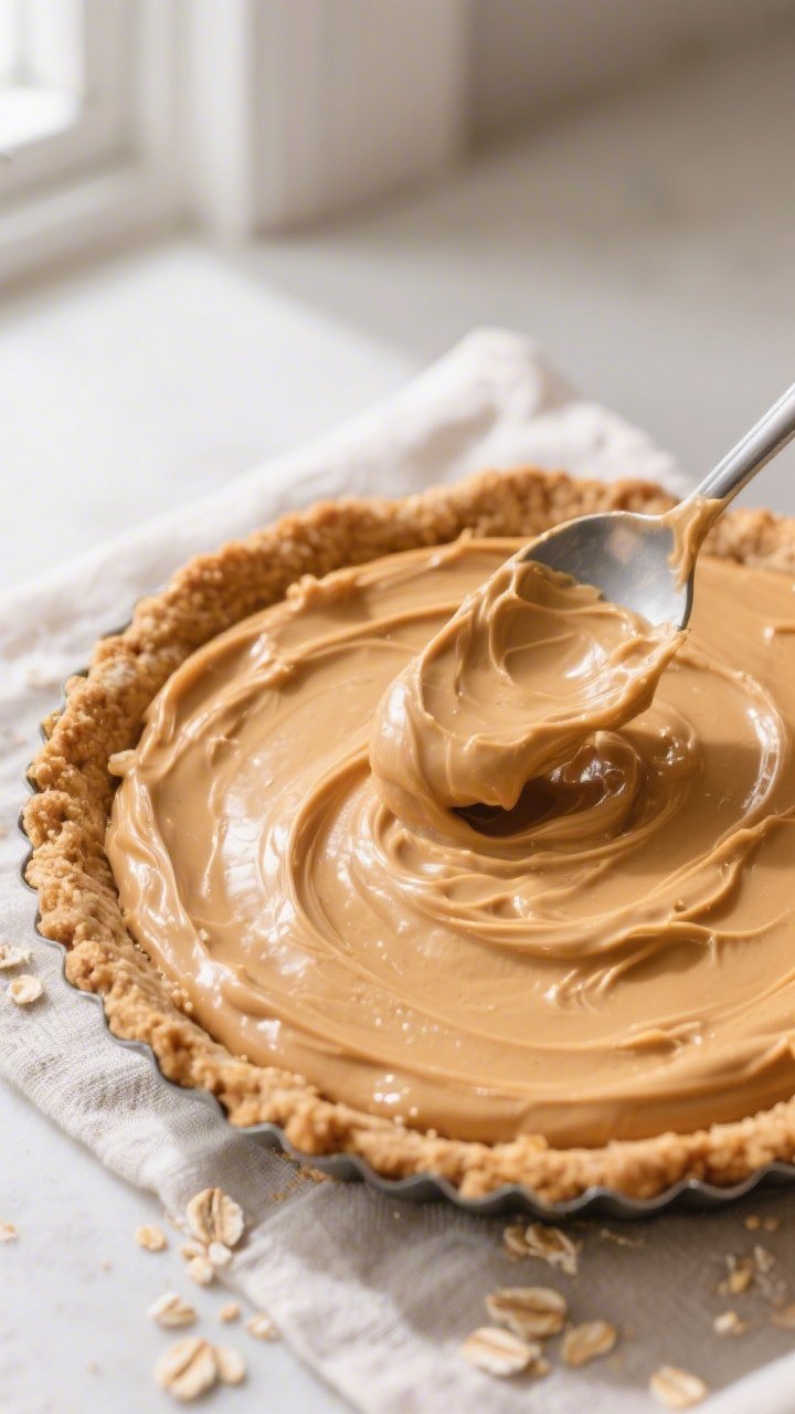 Overhead shot of the healthy peanut butter pie being filled: a chilled oat–almond crust pressed ev