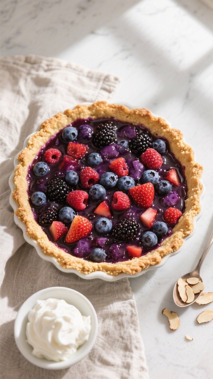 Overhead shot of the just-baked Low-Carb Mixed Berry Pie in a 9-inch pie dish: glossy, jammy mixed-b