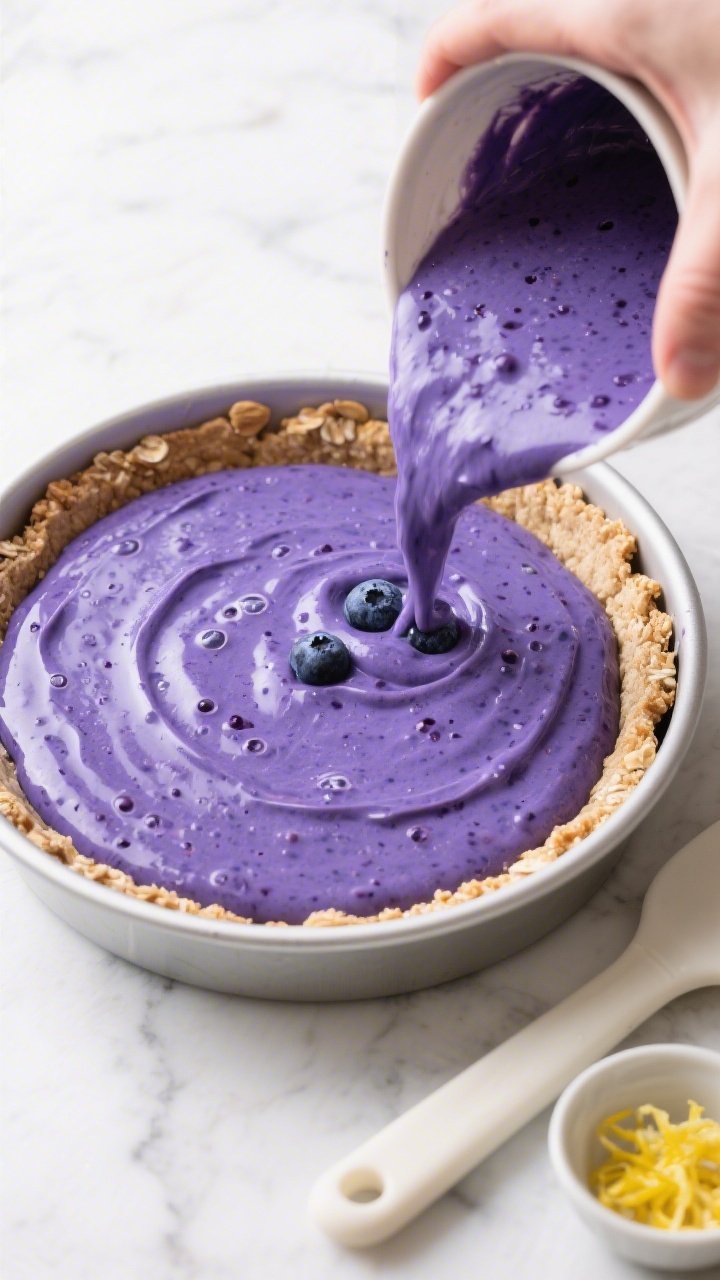 Overhead shot of the no-bake blueberry protein pie filling being poured into a chilled oat–almond 