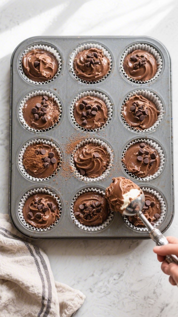 Tasty top view and final presentation: overhead shot of a 12-cup muffin tin lined with papers, each 