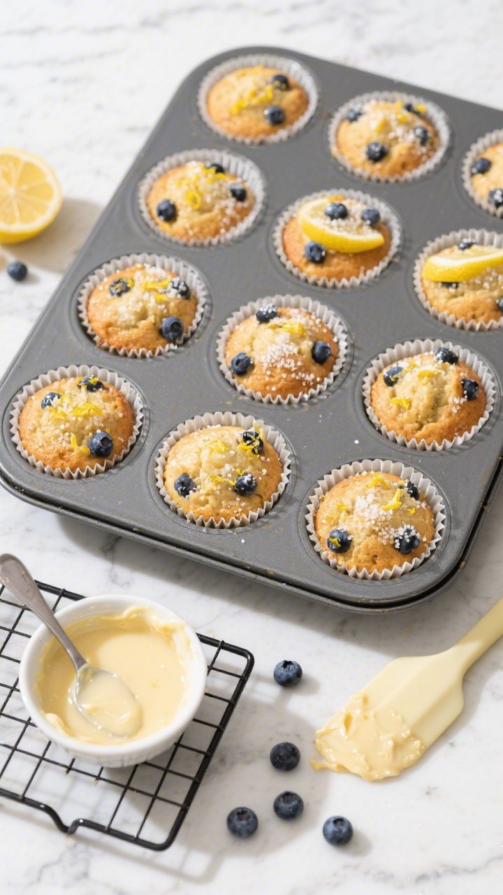 Tasty top view (final presentation + process callback): Overhead shot of a 12-cup muffin tin lined w